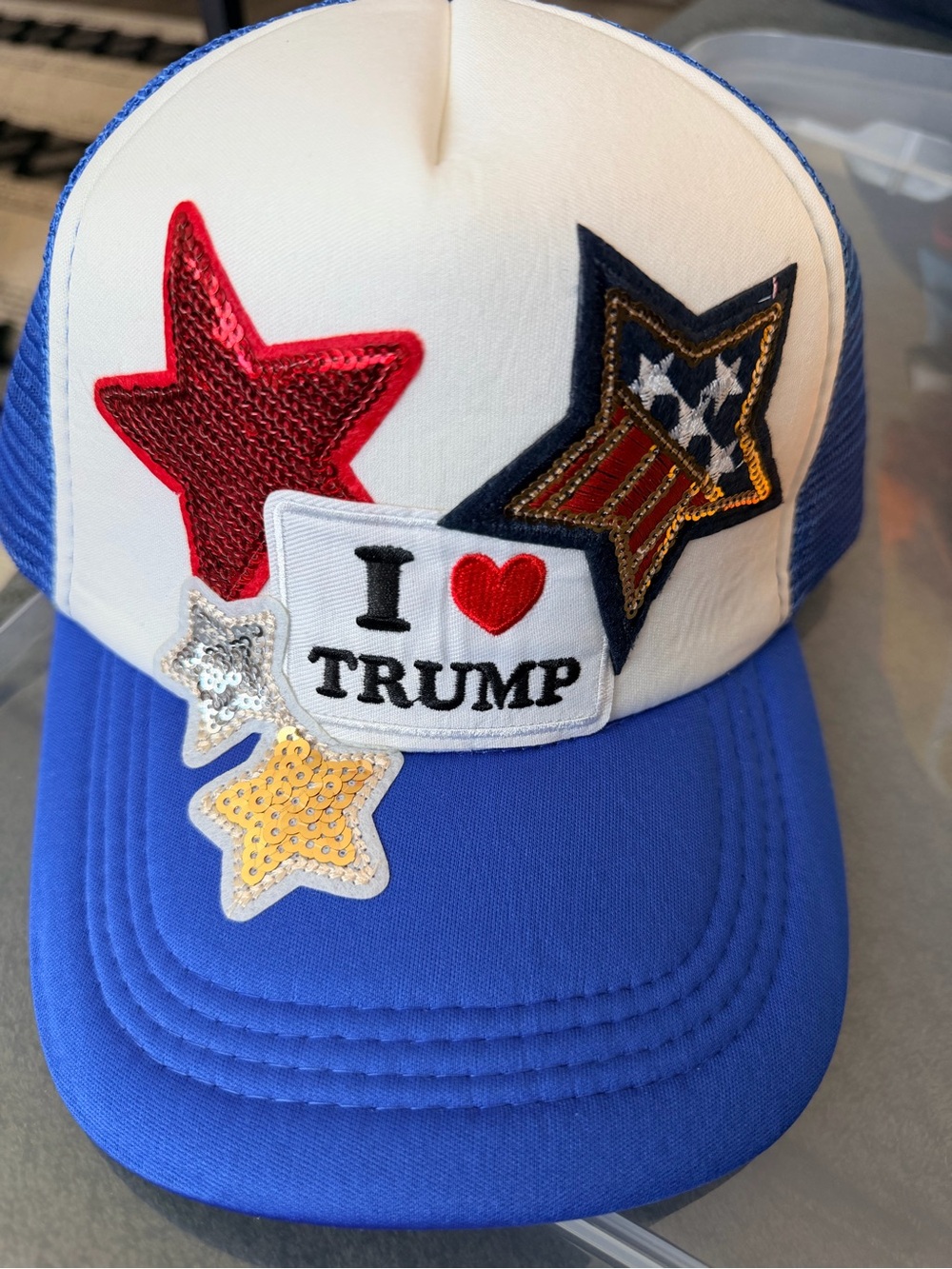Blue and White Sequin Star 'I ♥ TRUMP' Baseball Hat
